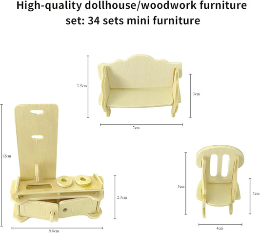 Small Furniture, Dollhouse Furniture and Accessories – 34PCS Wooden Dollhouse Furniture Set