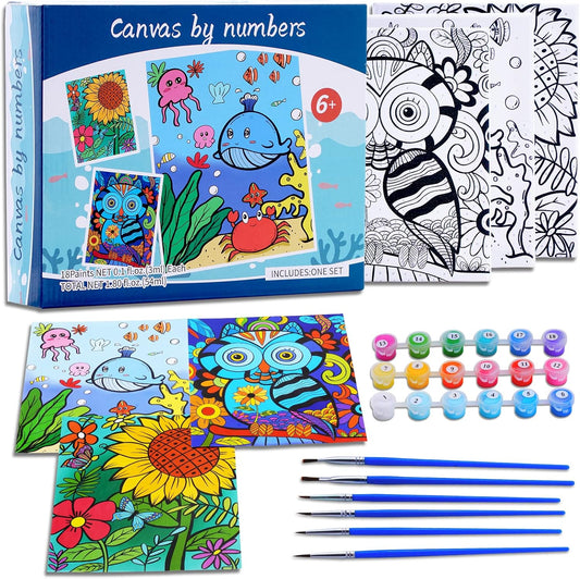 3 Pack Paint by Numbers Kit for Kids Ages 8–12 – Framed Canvas with Acrylic Paints & Brushes