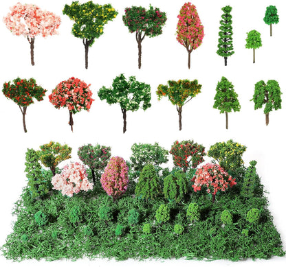 28 Pcs Tiny Model Trees with 40g Faux Green Moss Diorama Materials Kit