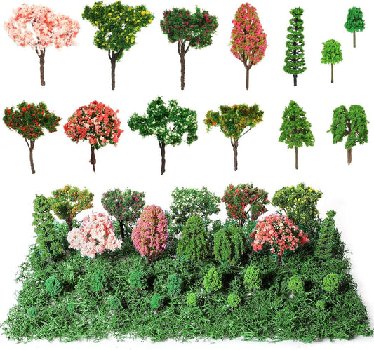 28 Pcs Tiny Model Trees with 40g Faux Green Moss Diorama Materials Kit