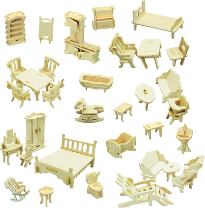 Small Furniture, Dollhouse Furniture and Accessories – 34PCS Wooden Dollhouse Furniture Set