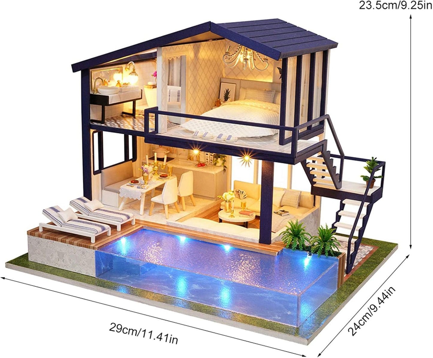 DIY Miniature House Kit, Wooden Assembling House Kit, Tiny House with Furniture LED (Time Apartment)