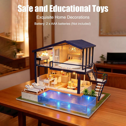 DIY Miniature House Kit, Wooden Assembling House Kit, Tiny House with Furniture LED (Time Apartment)