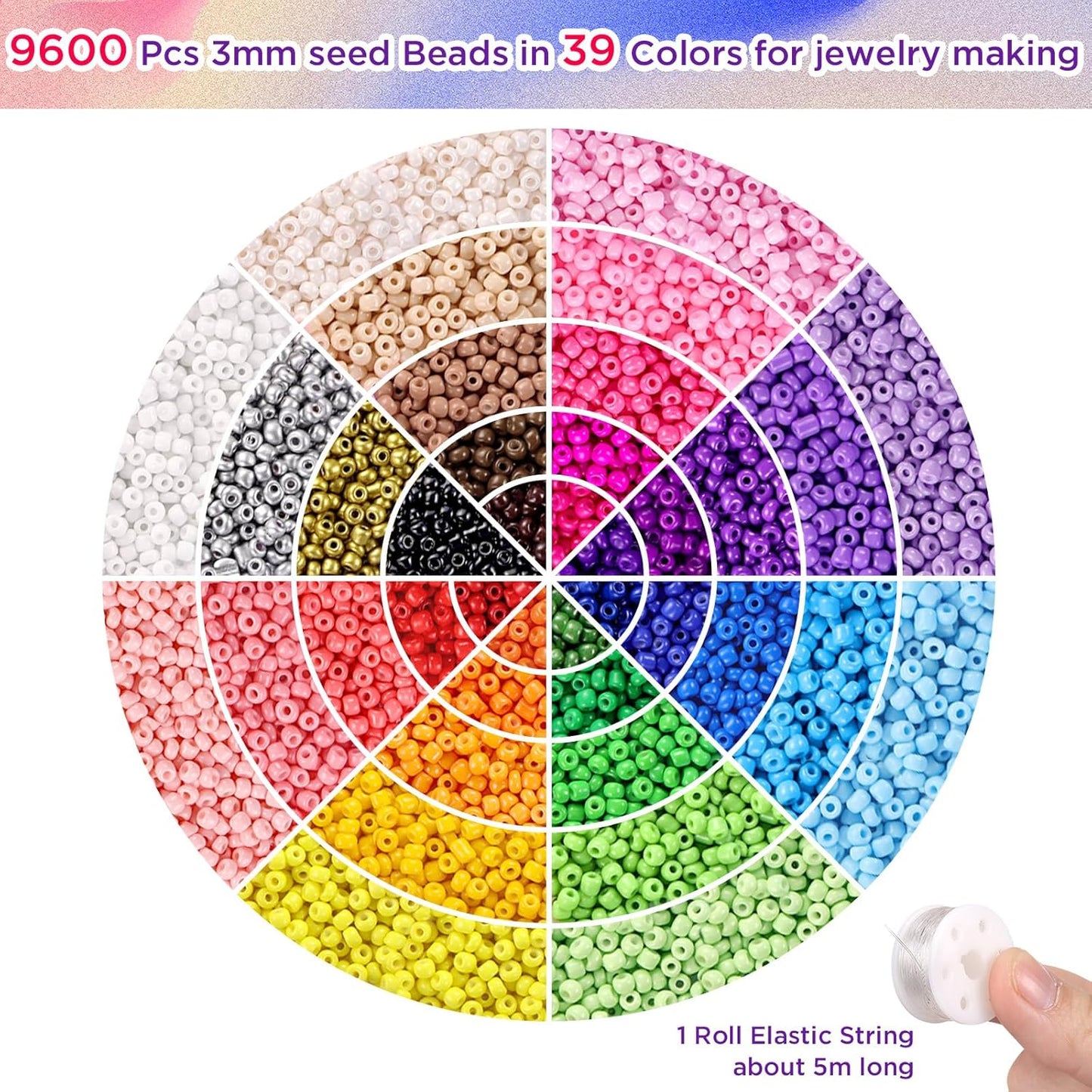 Funtopia 39 Colors 3mm Seed Beads – 9,600pcs Small Beads for Jewelry & Bracelet Making