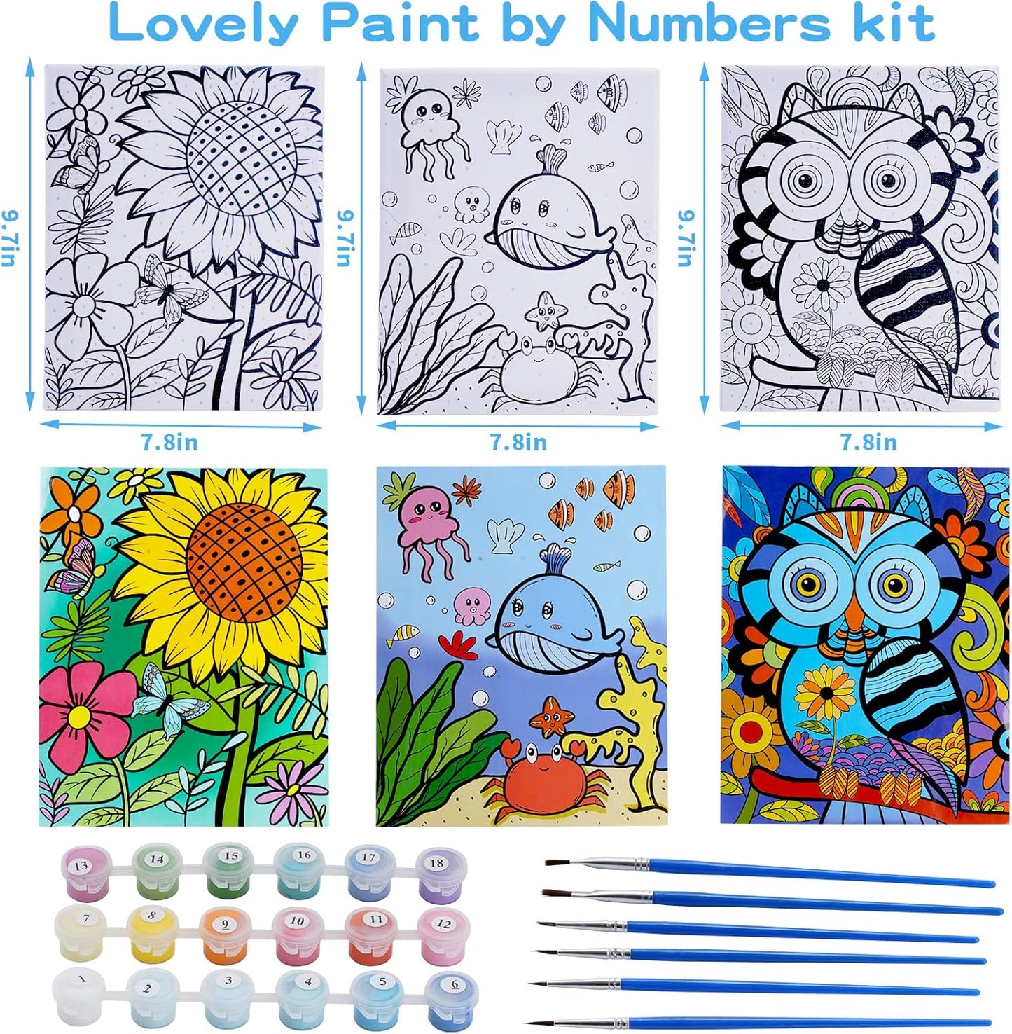 3 Pack Paint by Numbers Kit for Kids Ages 8–12 – Framed Canvas with Acrylic Paints & Brushes
