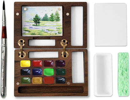 MEI COLOUR Portable Mini Watercolor Paint Set for Adult Artists – Wooden Pocket 12-Color Travel Kit