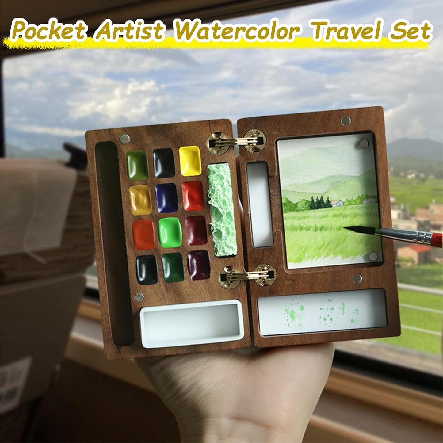 MEI COLOUR Portable Mini Watercolor Paint Set for Adult Artists – Wooden Pocket 12-Color Travel Kit
