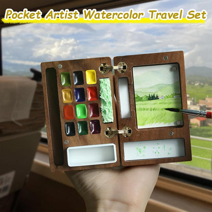 MEI COLOUR Portable Mini Watercolor Paint Set for Adult Artists – Wooden Pocket 12-Color Travel Kit