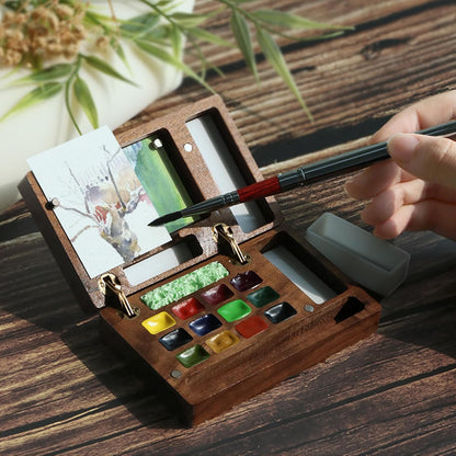 MEI COLOUR Portable Mini Watercolor Paint Set for Adult Artists – Wooden Pocket 12-Color Travel Kit