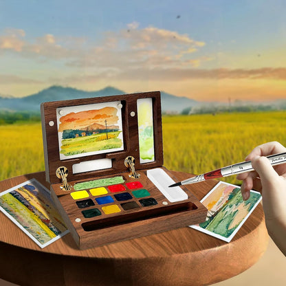 MEI COLOUR Portable Mini Watercolor Paint Set for Adult Artists – Wooden Pocket 12-Color Travel Kit