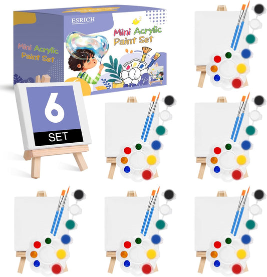 ESRICH 6 Set Mini Acrylic Paint Kit – Mini Canvas & Easel Set for Kids, Artists, and Beginners