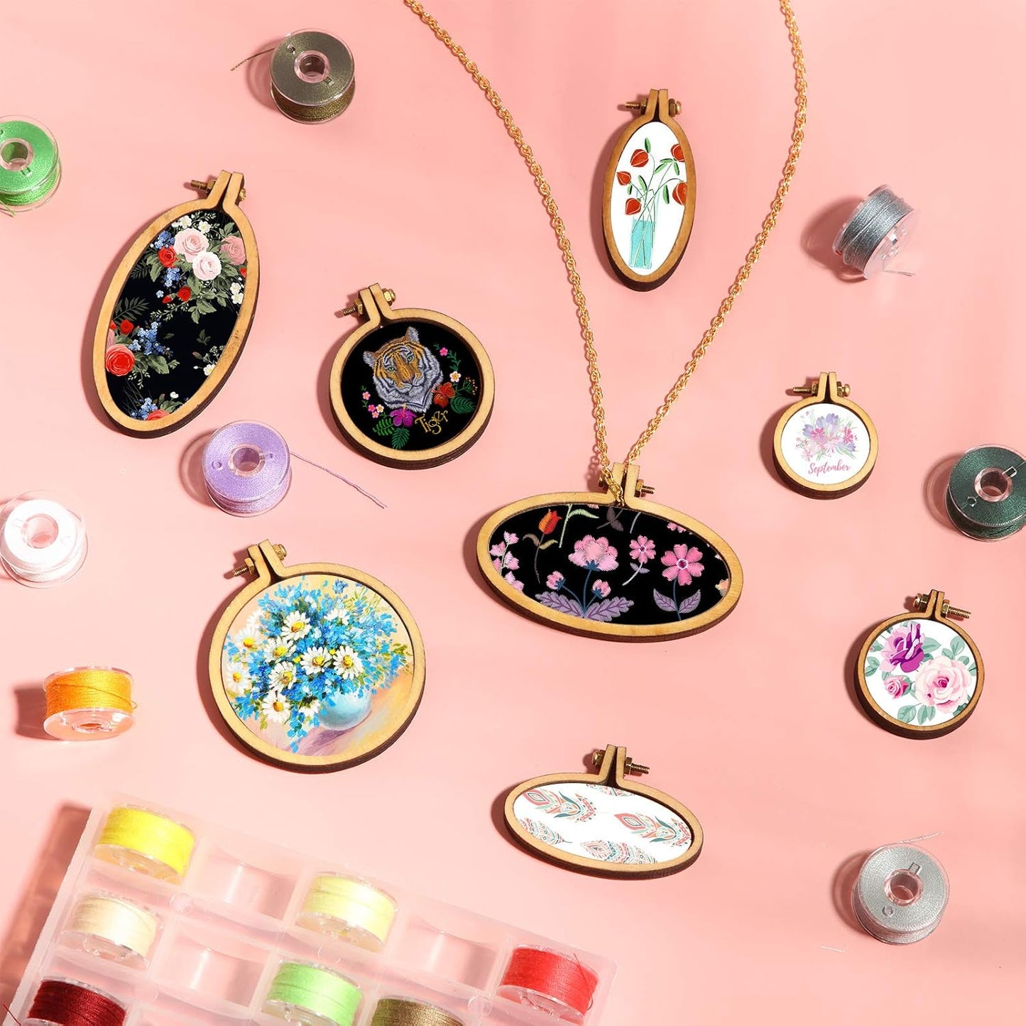 Mini Embroidery Hoop Wooden Mini Stitch Hoop Ring for DIY Pendant Crafts (16 Sets)